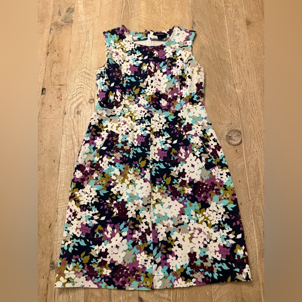 LANDS' END purple-white-aqua-green floral stretch knit sleeveless dress 6